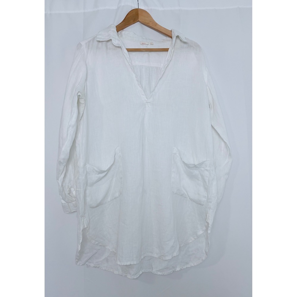 Dolma Womens White 100% Linen Tunic Top V-Neck Pocket Long Sleeve Large
